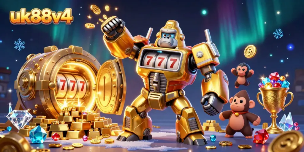 Experience ultimate fun at uk88v4 with a golden gorilla mech and treasure-filled action!
