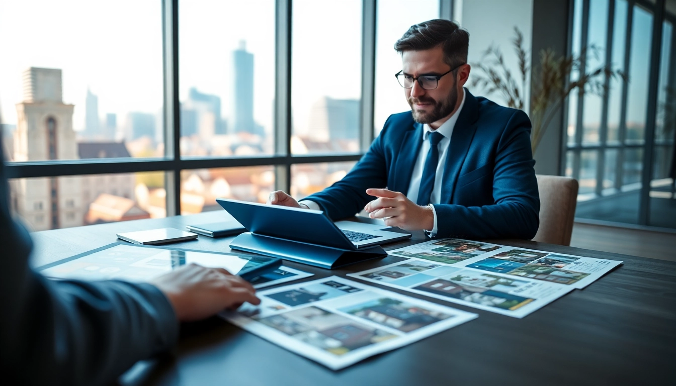 Immobilienmakler Frankfurt Dornbusch berät Kunden in modernem Büro mit Stadtblick.