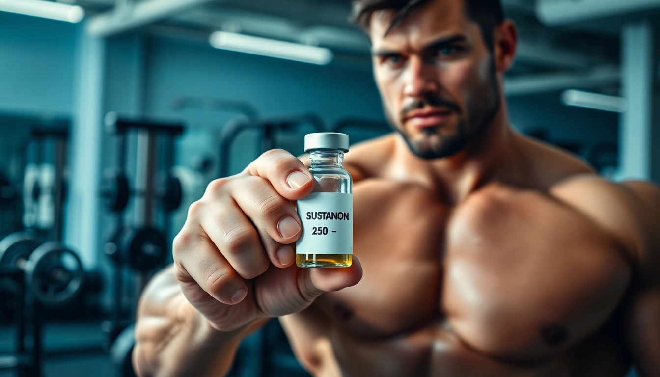 Halten Sie sustanon 250 kaufen in der Hand, während Sie im modernen Fitnessstudio trainieren.