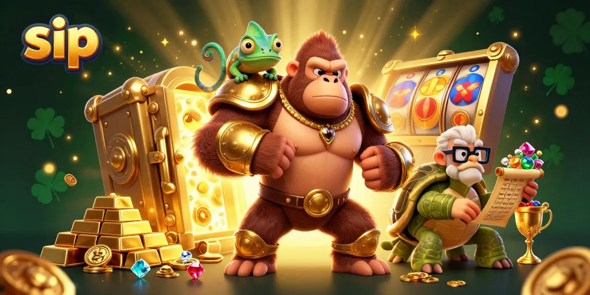 Sip features a powerful gorilla king and friends surrounded by dazzling casino treasures.