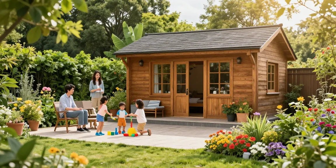 Schöne Gartenhäuser inmitten blühender Pflanzen und spielenden Kindern für eine entspannte Atmosphäre.