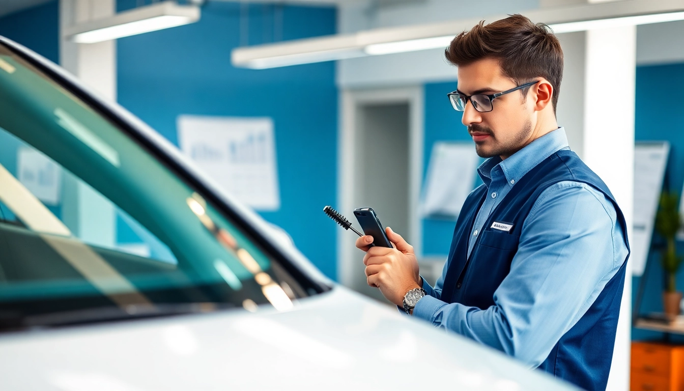 Kfz Gutachter Düsseldorf analysiert Schäden an Fahrzeug in hellem Büro.