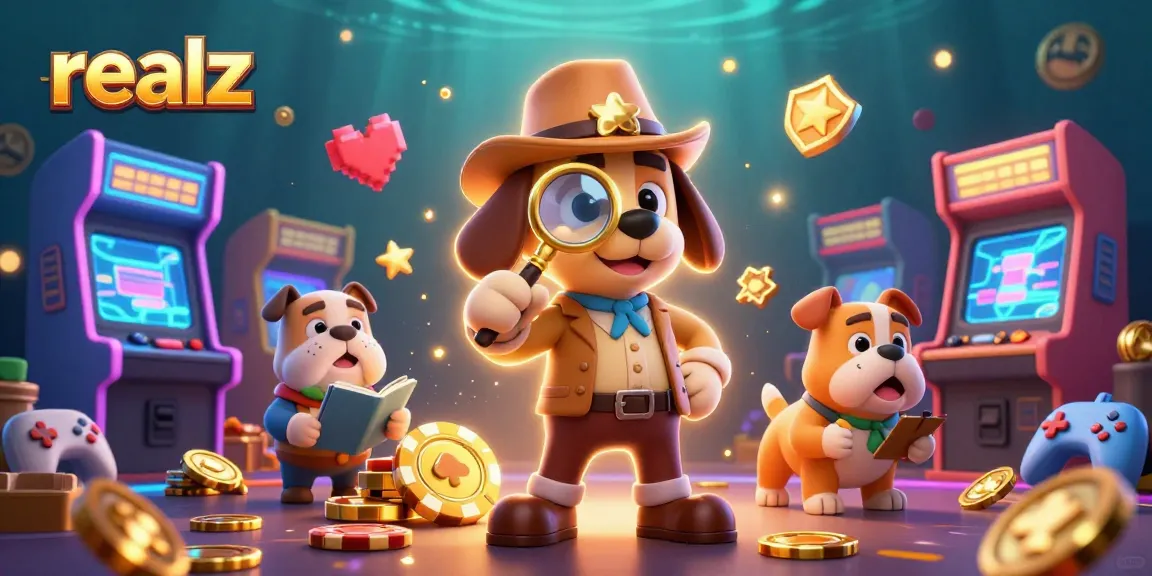 Engage with Realz Casino's vibrant universe through a fun illustrated scene of cartoon characters amidst colorful casino elements.