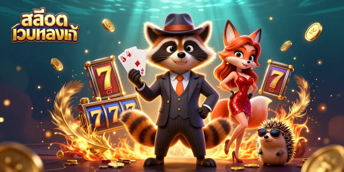 Experience the thrill of สล็อตเว็บตรงแท้ with a charismatic raccoon, fox lady, and hedgehog in a vibrant casino scene.
