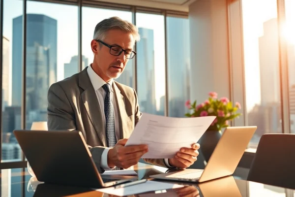Headhunter Schweiz bei der Durchsicht von Lebensläufen in modernem Büro.