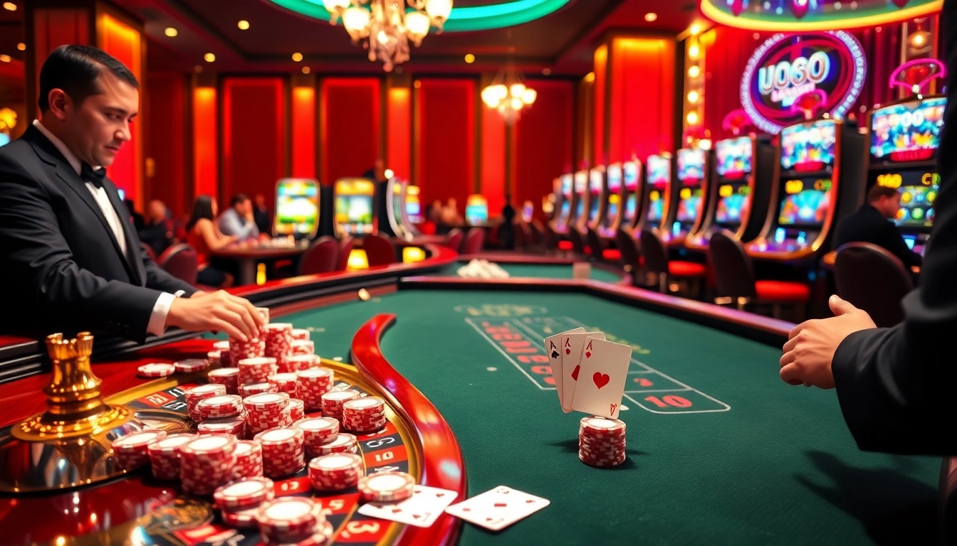 Experience the thrill at U888 trang chủ with stunning casino visuals featuring roulette, cards, and slot machines.