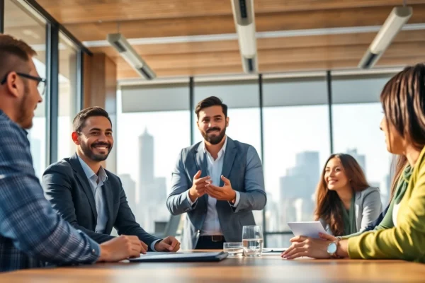 Headhunter Ingenieure in einem modernen Büro bei einer engagierten Diskussion.