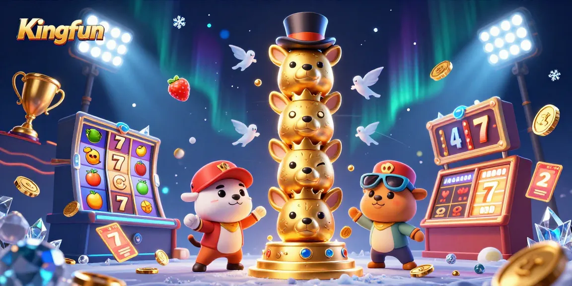 Experience the thrill of Kingfun with vibrant slots and mascot totem in a dazzling casino scene.