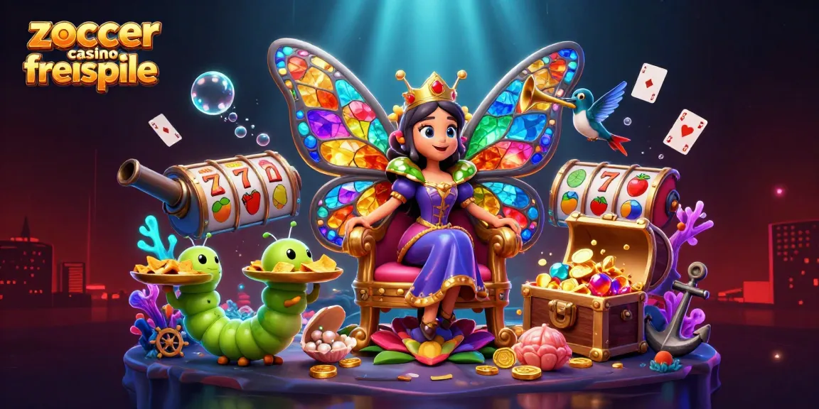 Zoccer Casino Freispiele mit einer 3D-Karte der Königin und bunten Spielautomaten symbolisieren Spaß und Gewinne.