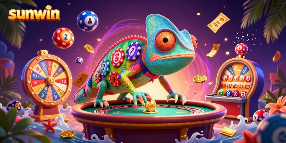Sunwin chameleon casino owner snags golden coins amidst vibrant lottery elements, creating a dynamic gaming scene.